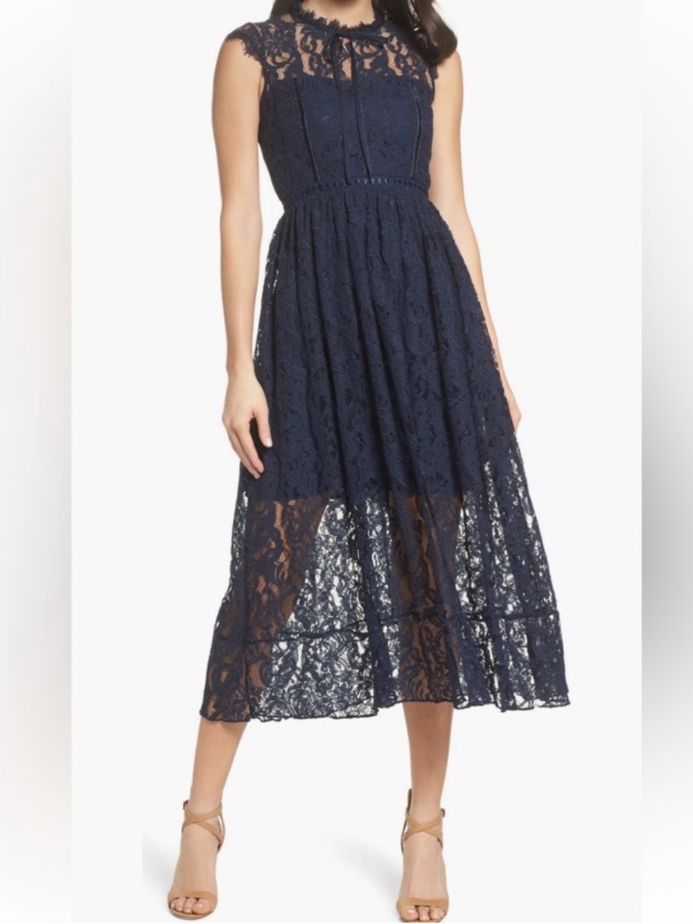 Chelsea28 Navy Lace Midi Dress High Neck Fit Flare Wedding Guest size Large